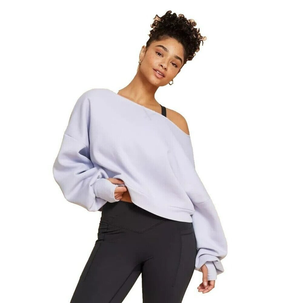 Blogilates Womens Dance Studio Off the Shoulder Sweatshirt Large Purple Haze